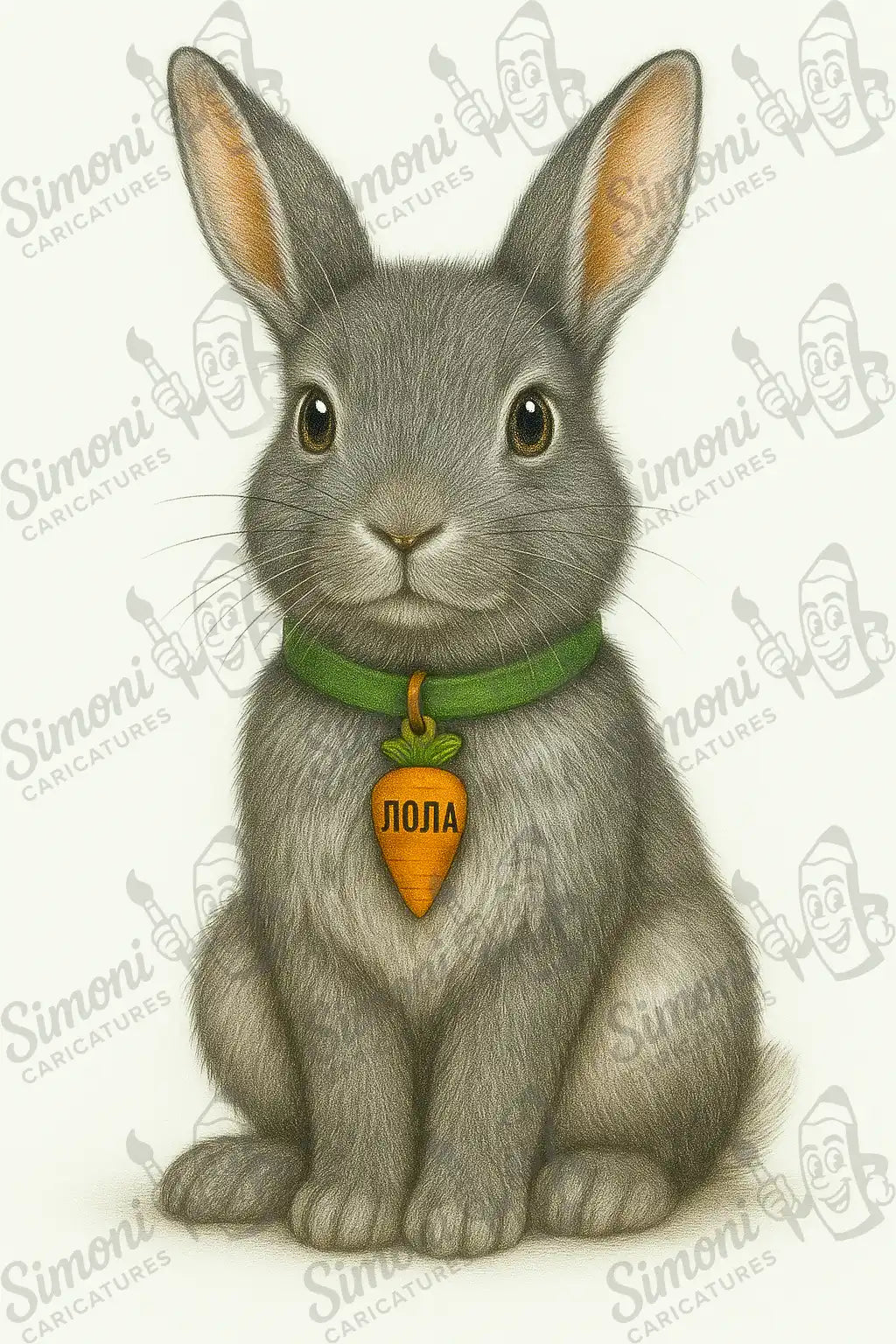 Карикатура на сиво зайче с зелена каишка и морков с надпис "Лола" – Simoni Caricatures, персонализиран подарък